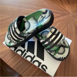 Adidas adilette Green and Black Platform Slides with Tropical Design